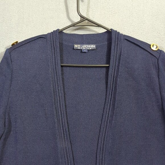 St. John Cardigan Women's L Blue Santana Knit Nautical Golden Buttons Epaulettes - Picture 3 of 13